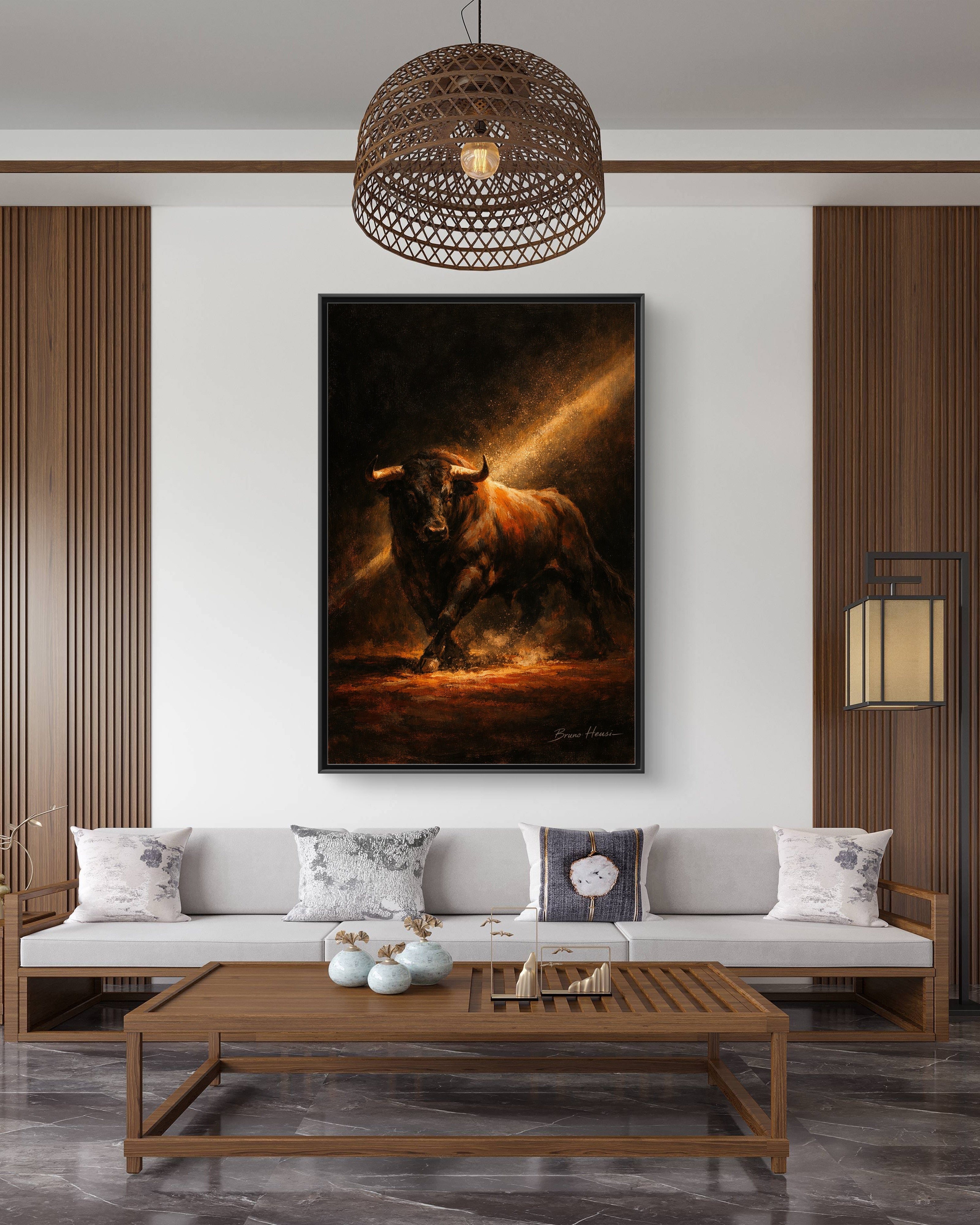 Framed Matte Canvas Art - Dramatic Charging Bull Painting