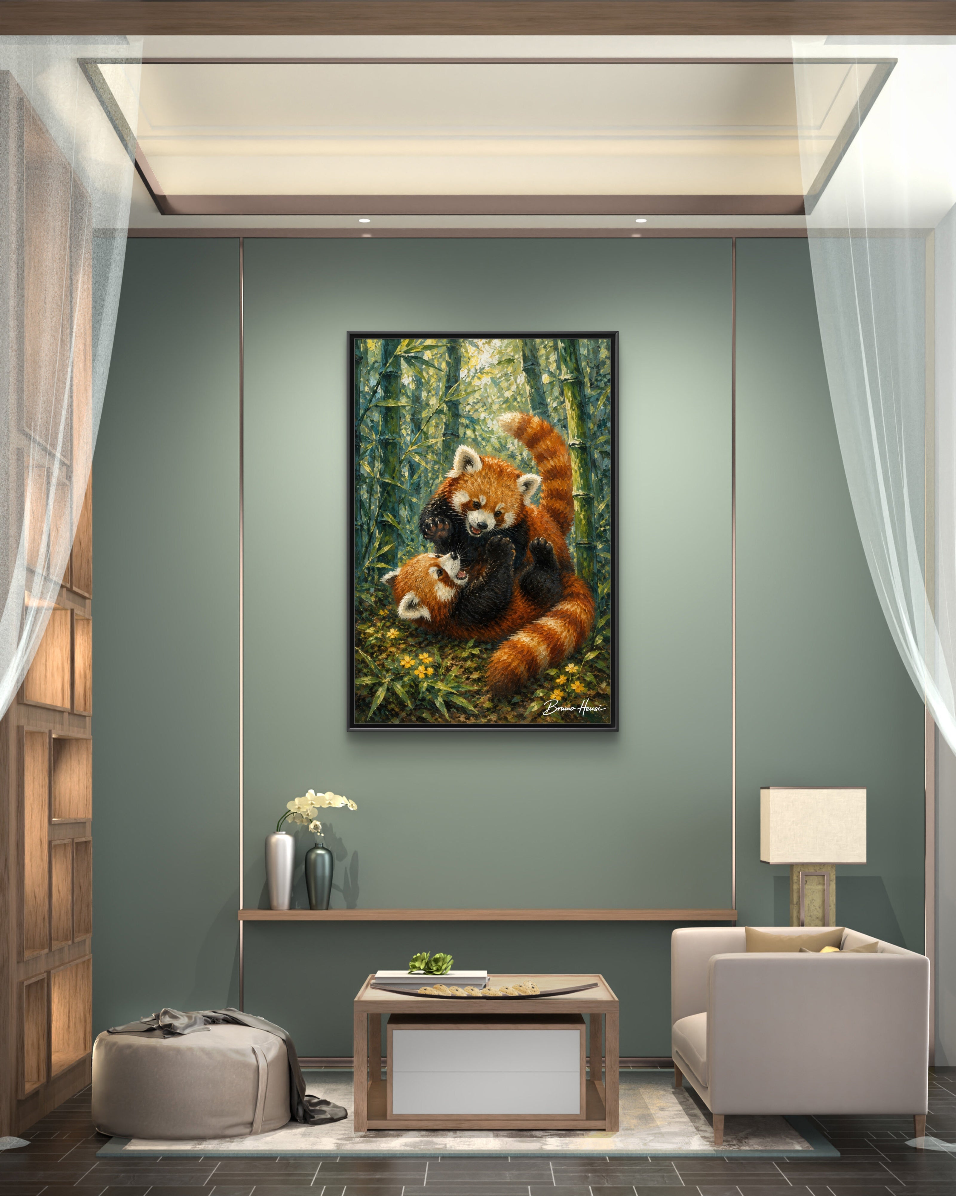 Red Panda Playtime Framed Canvas Wall Art — Playful Wildlife Print