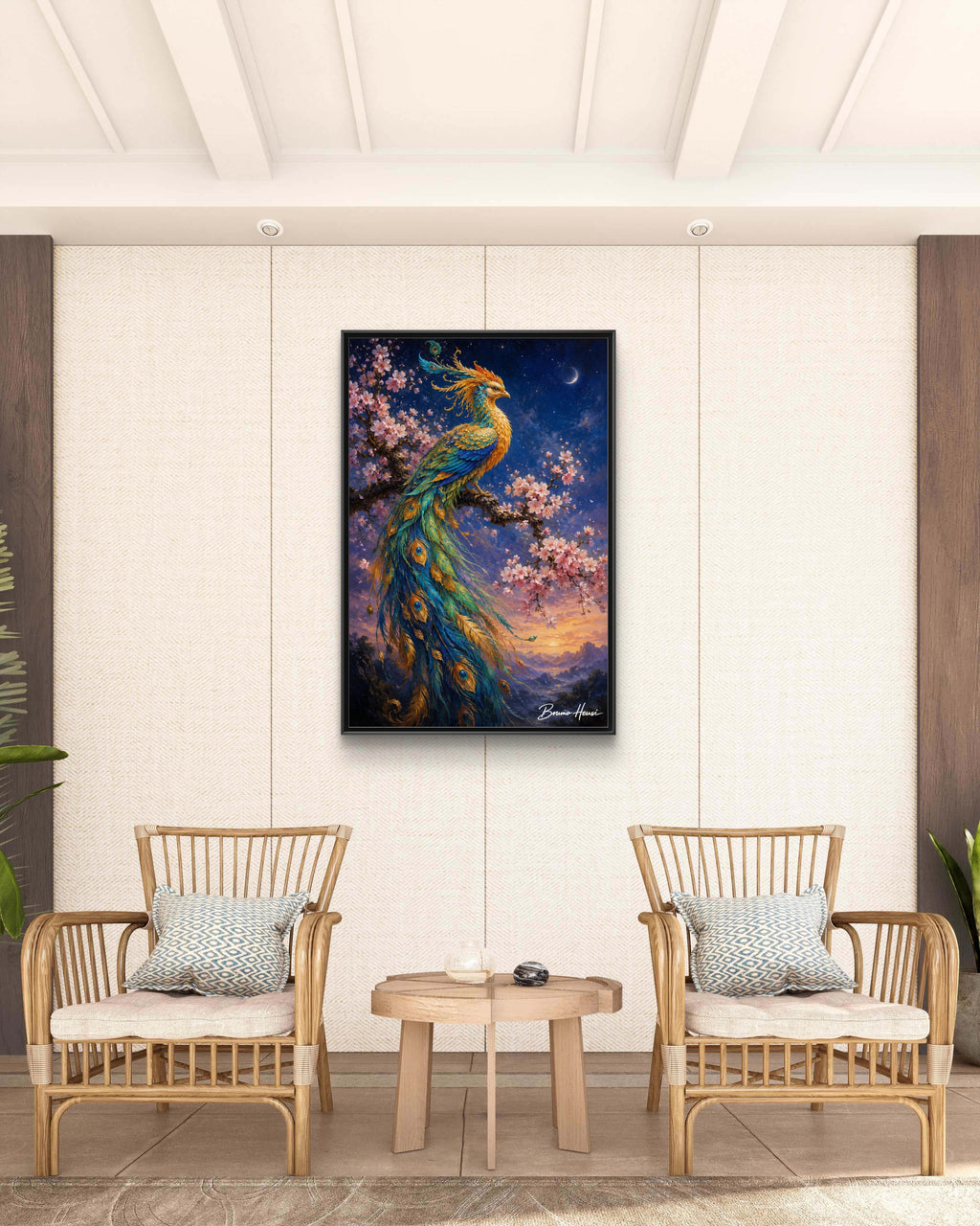 Framed Peacock Canvas Wall Art — Vibrant Fantasy Bird Print
