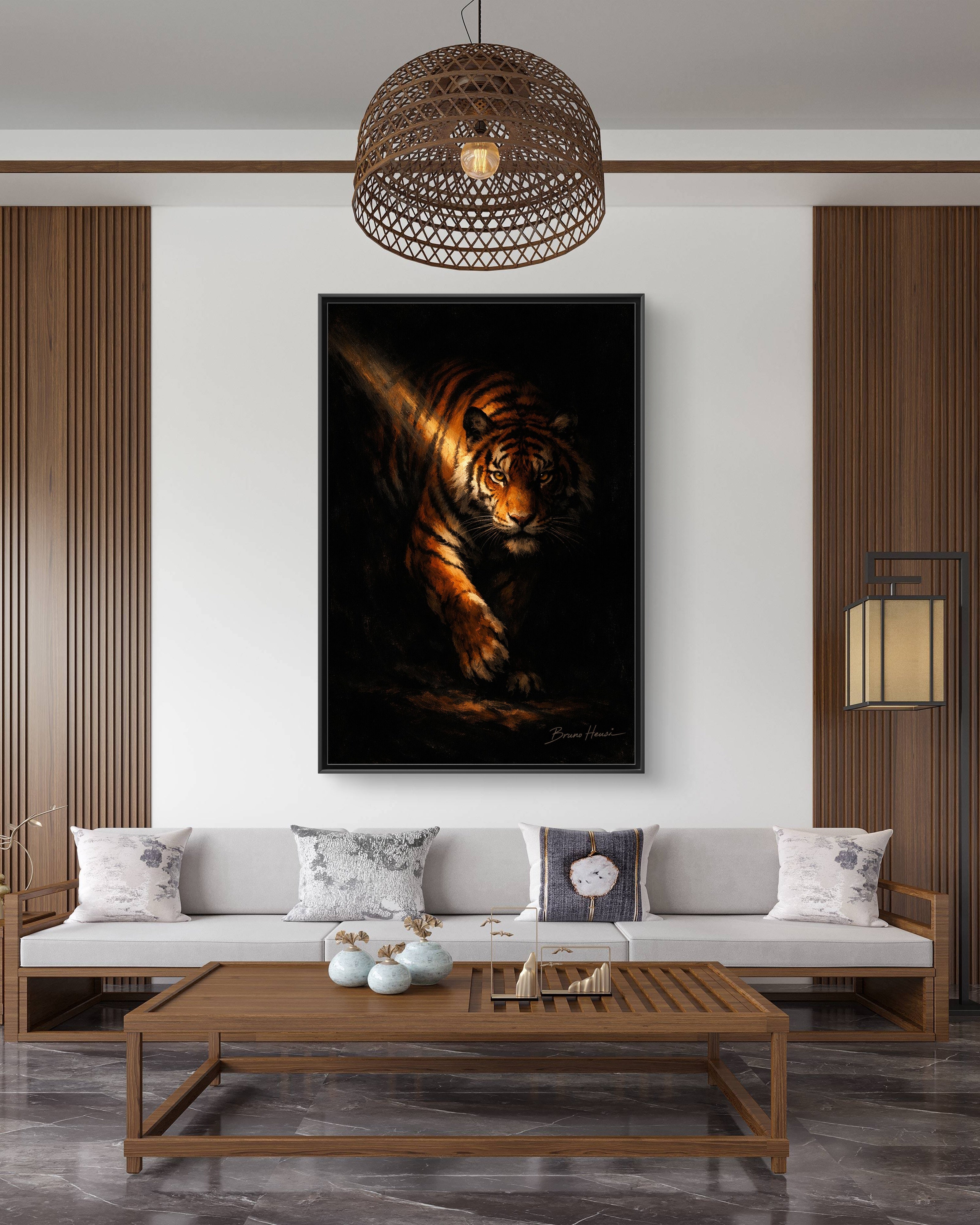 Tiger in the Shadows Matte Framed Canvas Print — Dramatic Wildlife Wall Art