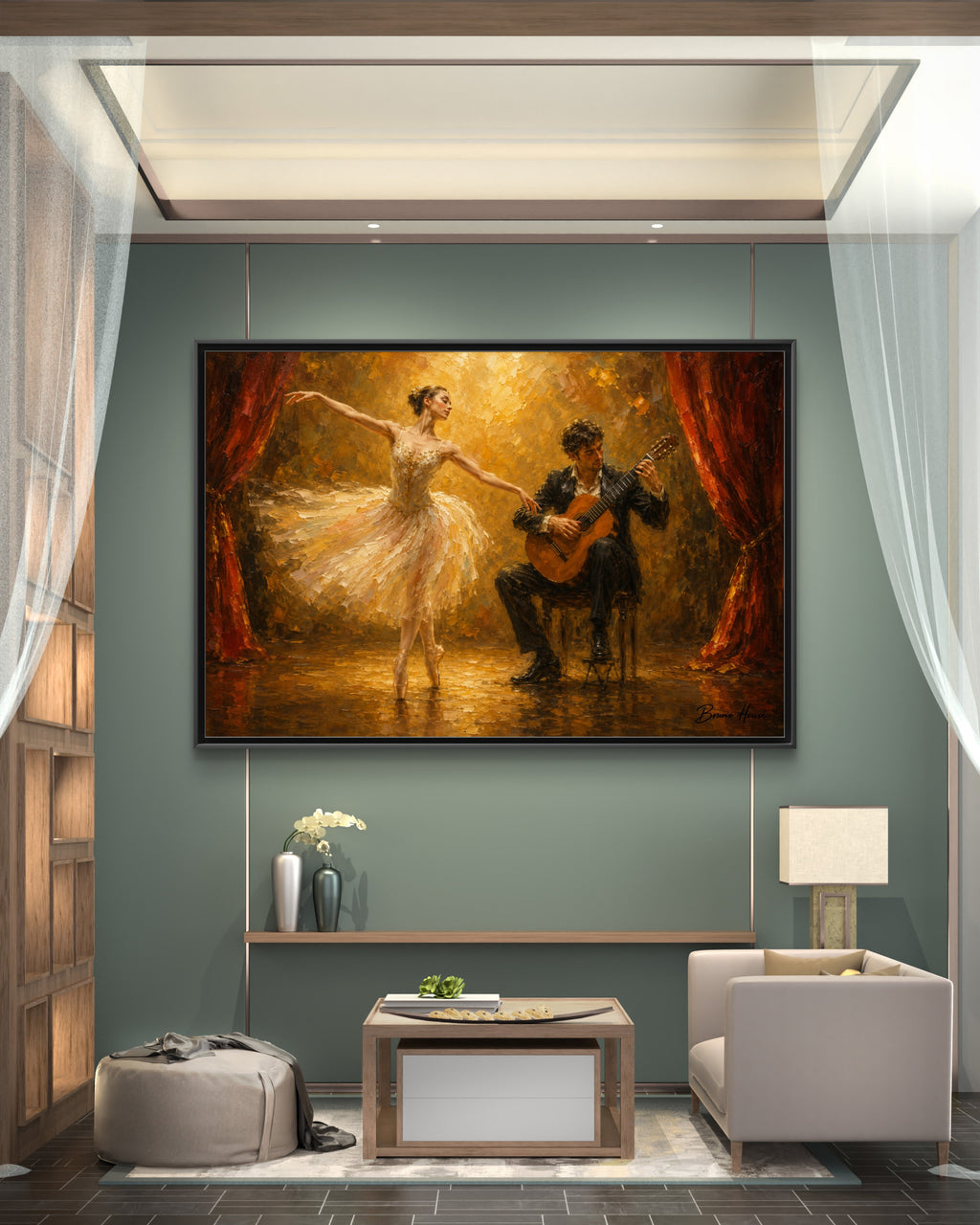 Ballet Dancer & Guitarist Framed Canvas Wall Art — Oil-Style Performance Print