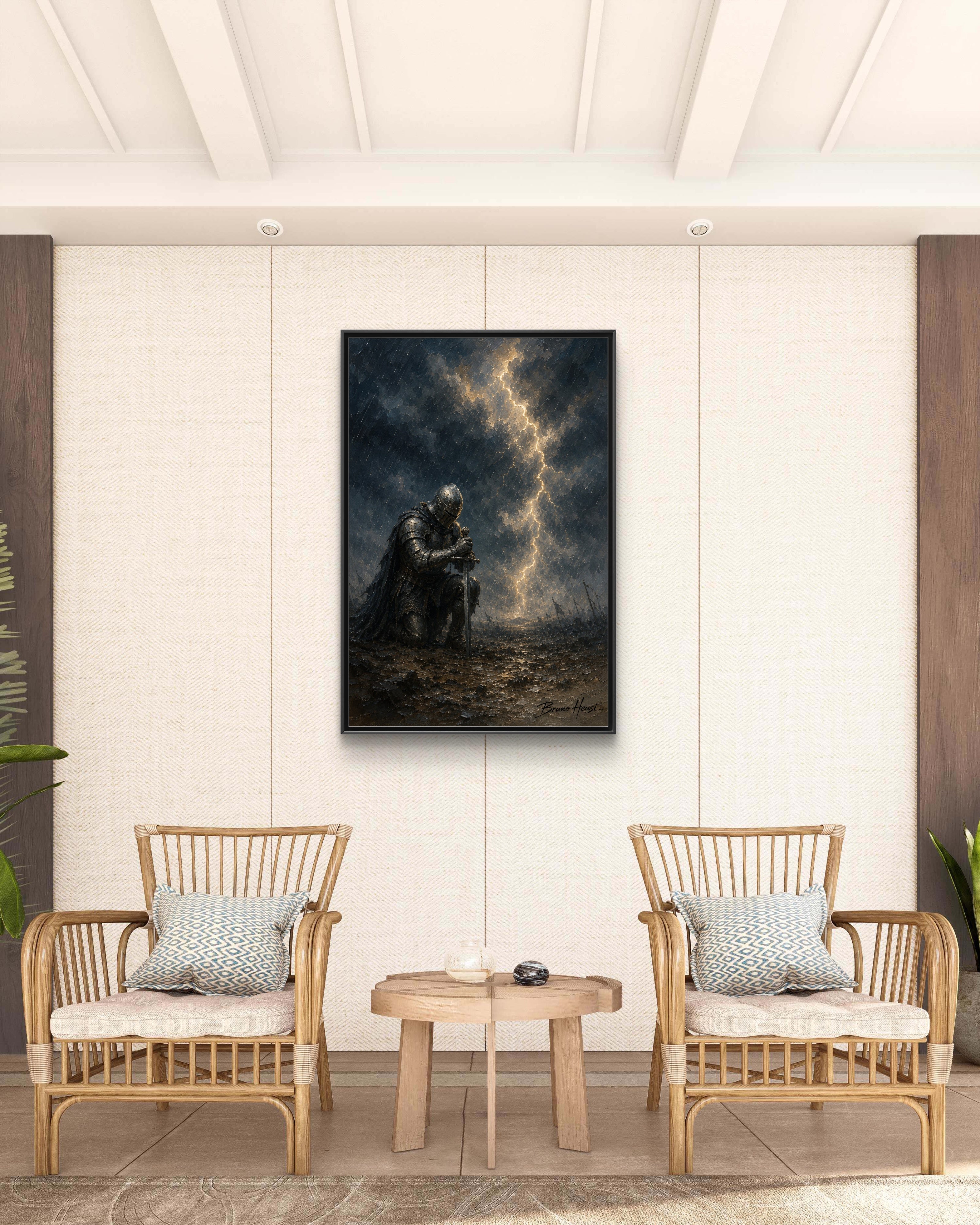 Knight in Thunderstorm Matte Framed Canvas — Dark Fantasy Wall Art