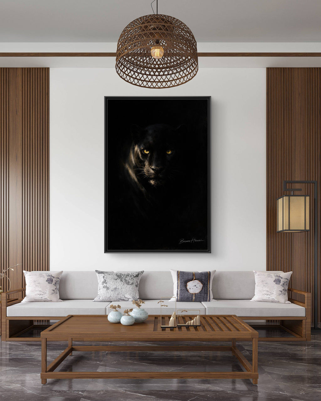 Framed Matte Canvas - Black Panther Wall Art with Golden Eyes
