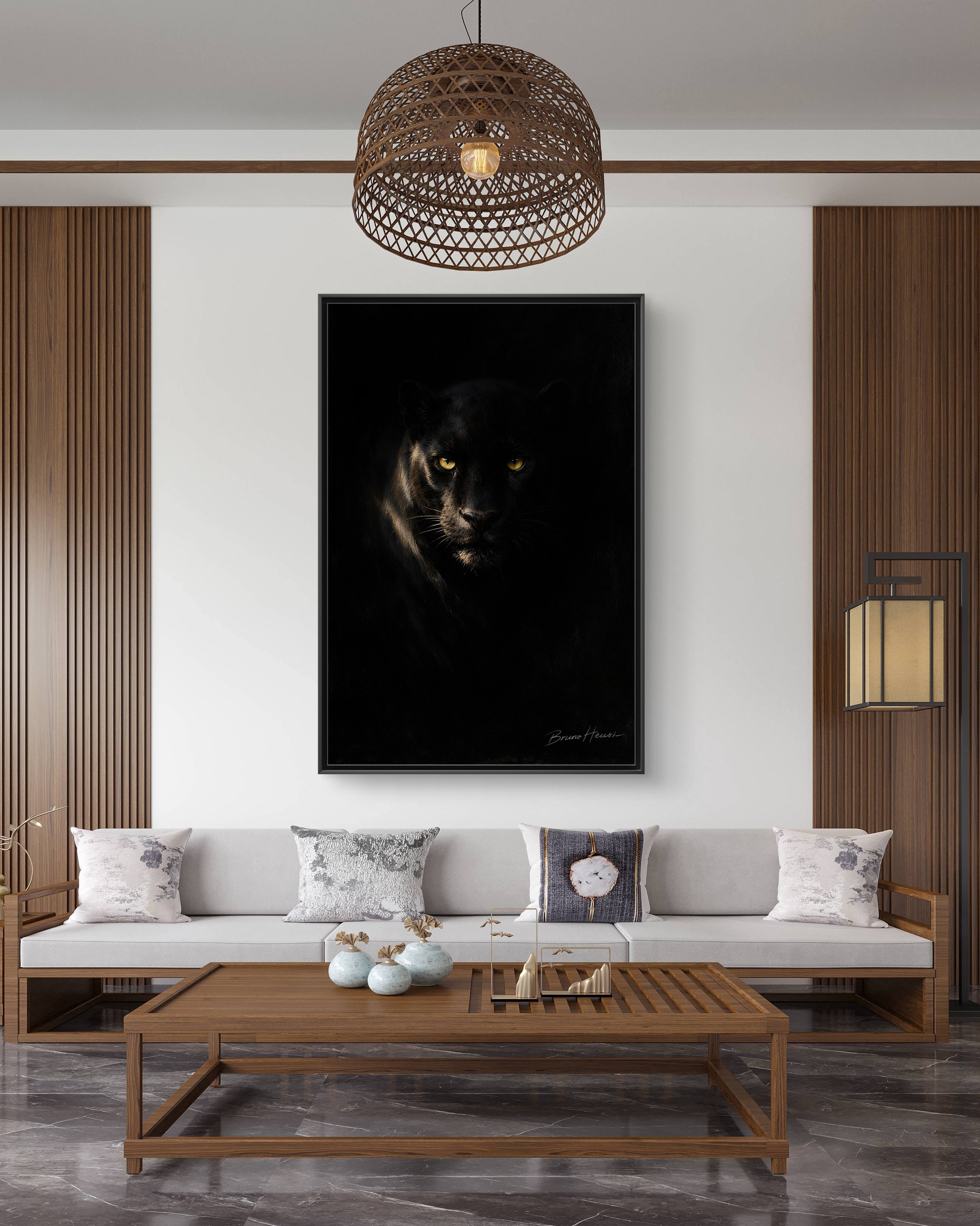 Framed Matte Canvas - Black Panther Wall Art with Golden Eyes
