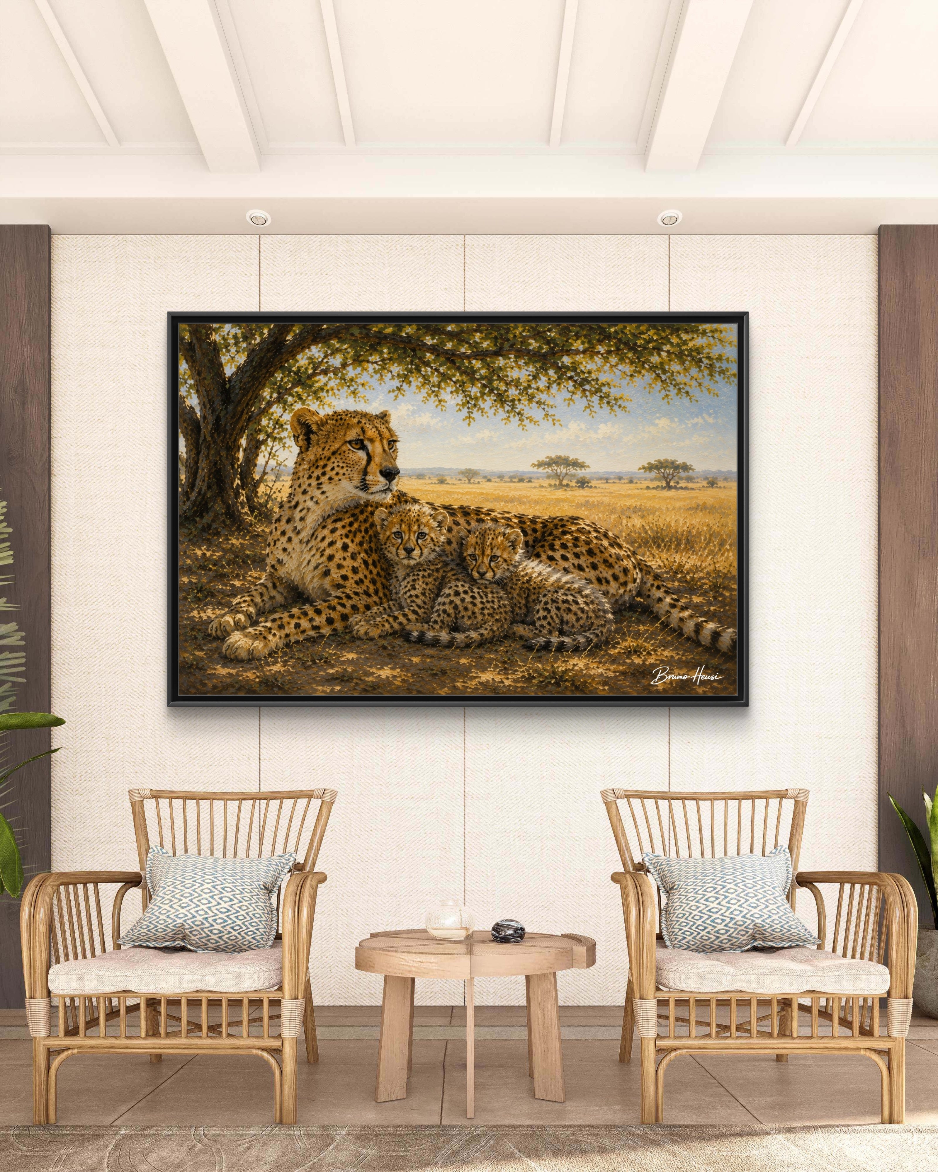 Cheetah Mother & Cubs Framed Canvas Wall Art – African Wildlife Safari Print