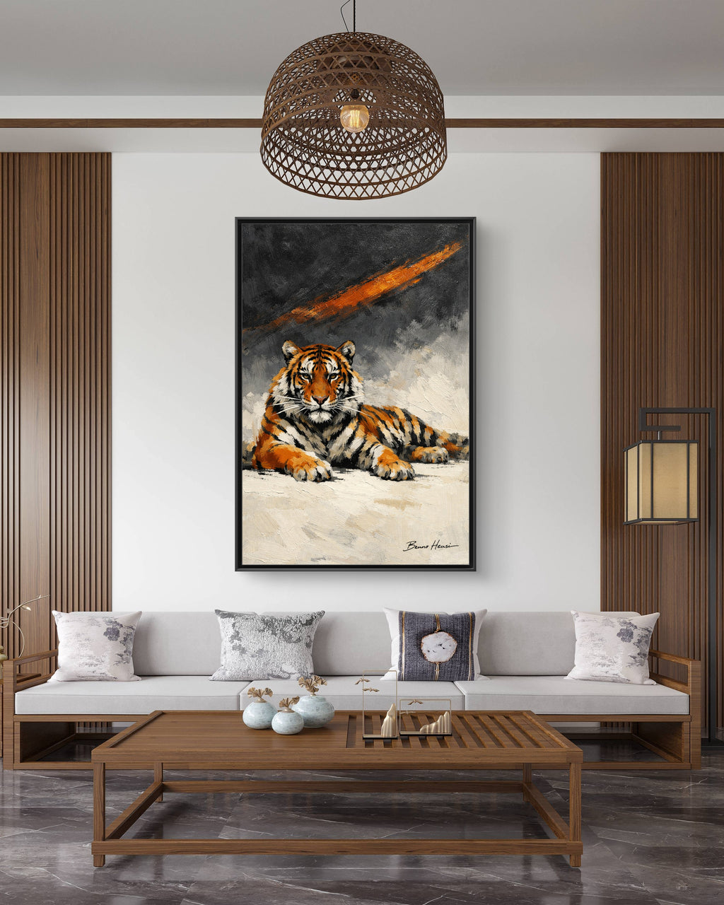 Framed Tiger Canvas Wall Art — Majestic Orange & Gray Matte Print