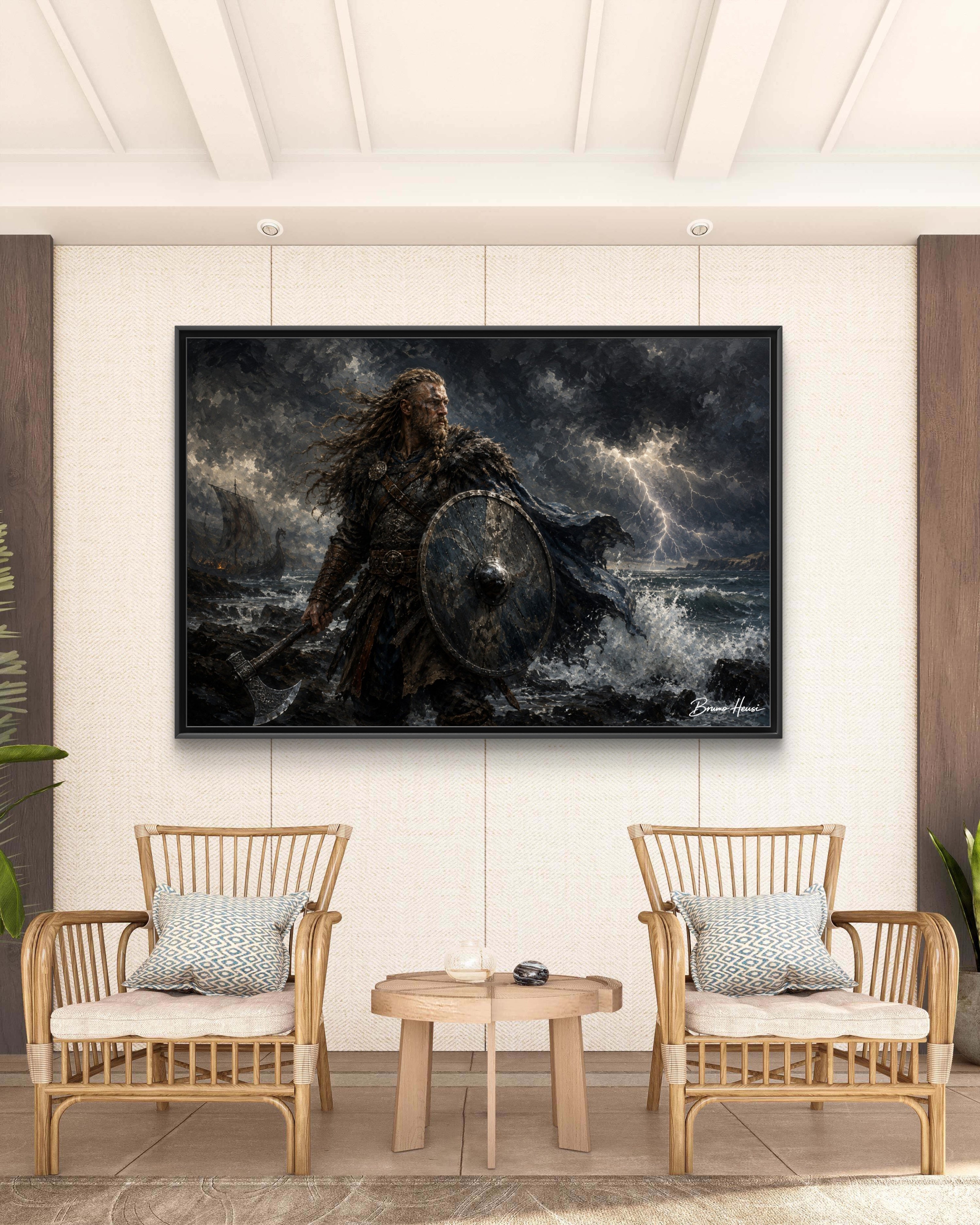 Viking Warrior Matte Framed Canvas Print — Stormy Norse Shield and Axe Wall Art