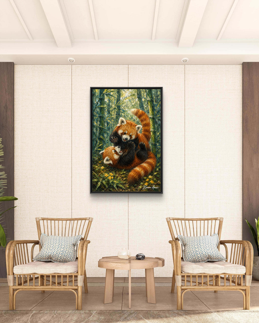 Red Panda Playtime Framed Canvas Wall Art — Playful Wildlife Print