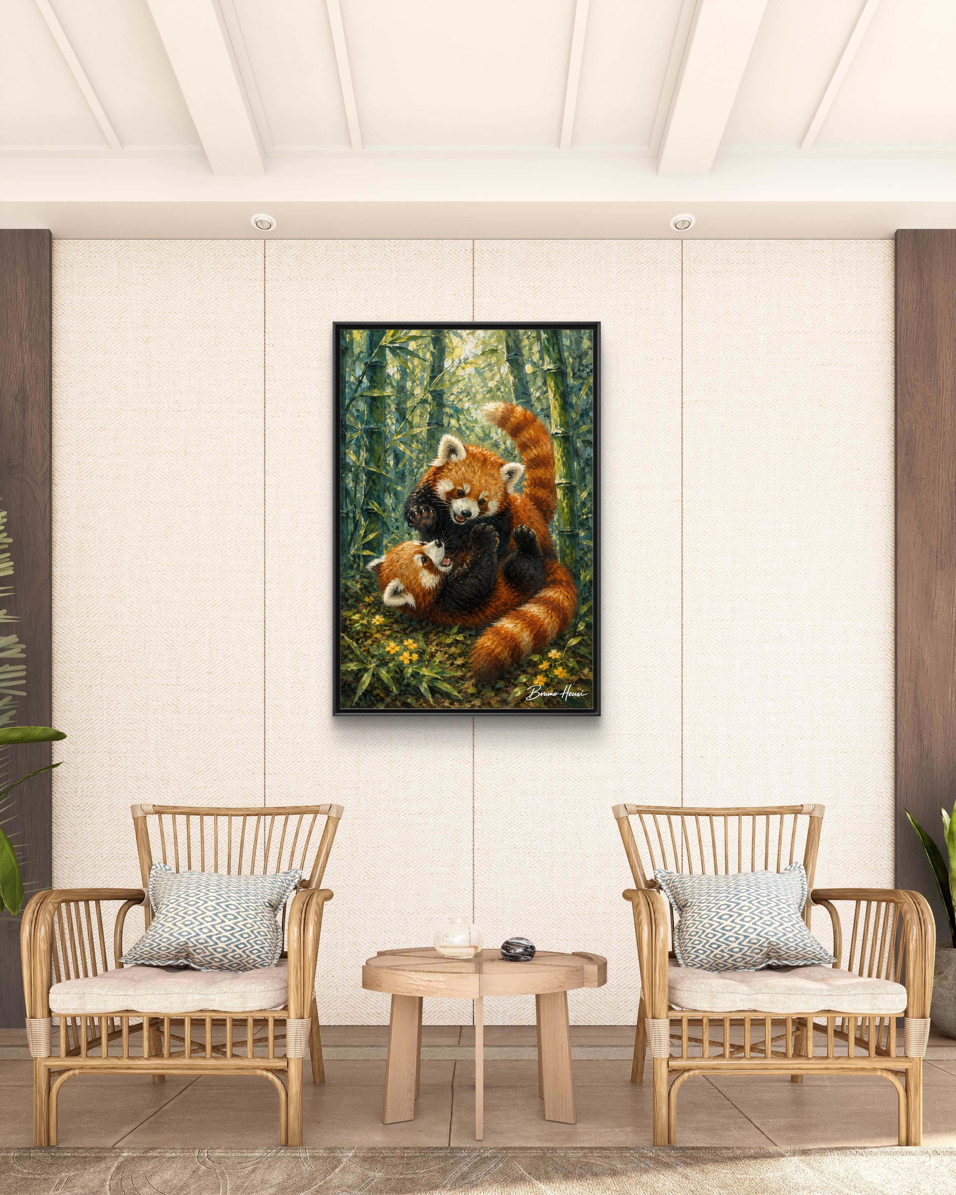 Red Panda Playtime Framed Canvas Wall Art — Playful Wildlife Print